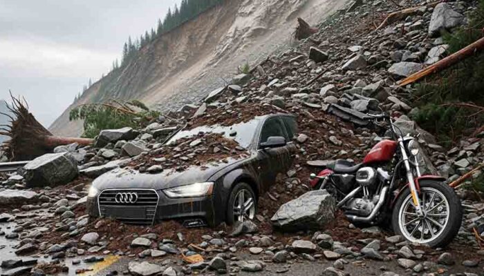 Sejumlah Kendaraan Tertimbun Material Longsor di Kebun Kopi